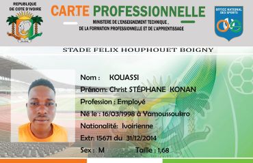 Professional ID card of Christ Stéphane Ronan Kouassi from Côte d'Ivoire.