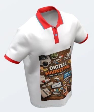 White polo shirt with red accents and digital marketing print.