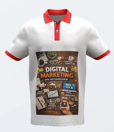 White polo shirt with red accents and a digital marketing graphic.