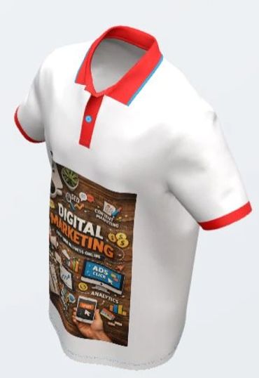White polo shirt with red collar and digital marketing graphic print.