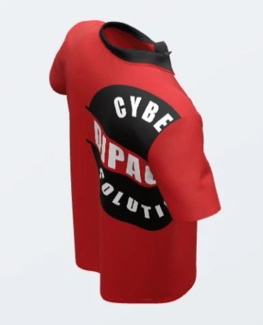Red T-shirt with black and white graphic text design on the back and sleeve.