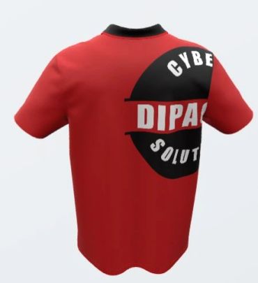 Red t-shirt with black collar and bold white and black graphic text.