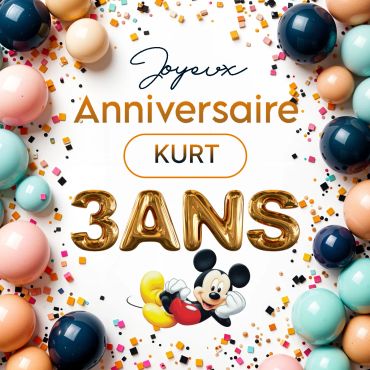 Colorful birthday card with balloons and Mickey for Kurt's 3rd birthday.