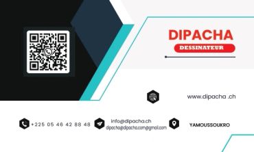 Business card for Dipacha, a designer, with contact info and QR code.