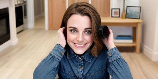 Joyful young woman in a denim jacket, smiling at the camera from home