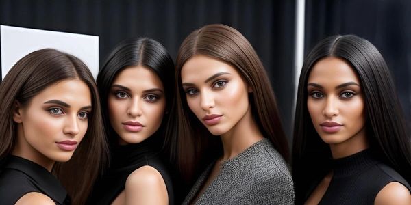 Four young women on photo session near dark curtains and white photo screen