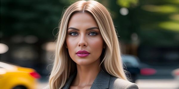 Russian woman with blonde hair near yellow car at a summer day