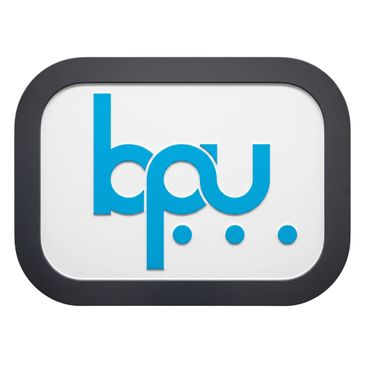 Blue stylized letters 'bpu' on a white background with a black rounded frame.