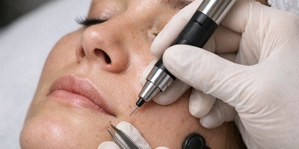 Close-up of electrolysis on a woman's face using a precision tool.