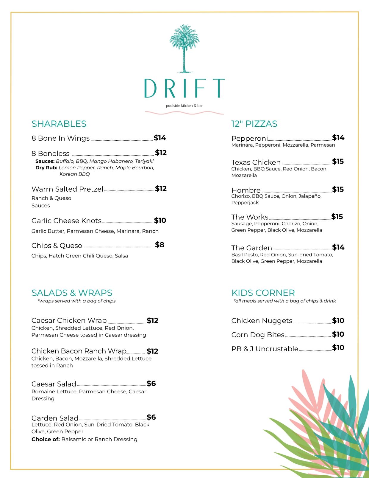 Menu featuring sharables, salads &amp; wraps, 12" pizzas, and kids corner items.