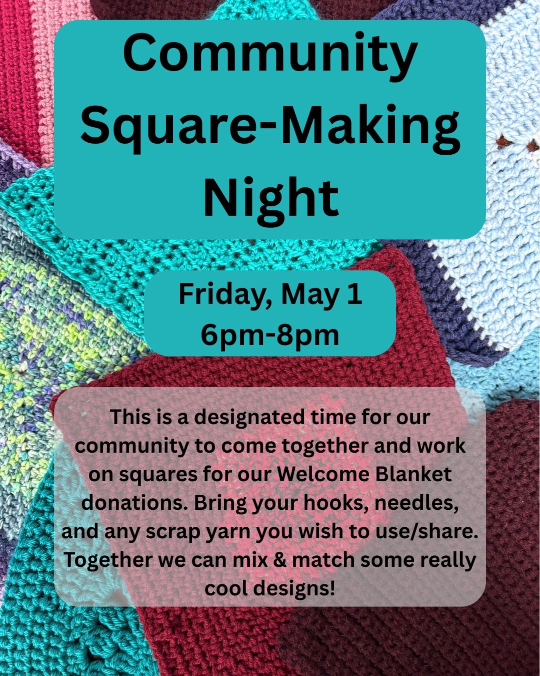 Community square-making night for crafting welcome blanket squares.