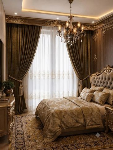 Luxurious vintage bedroom with ornate decor and warm lighting.