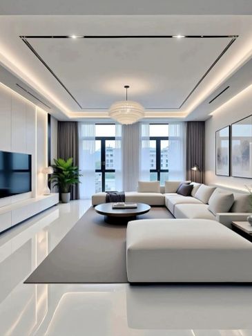 Modern minimalist living room with white furniture and large windows.