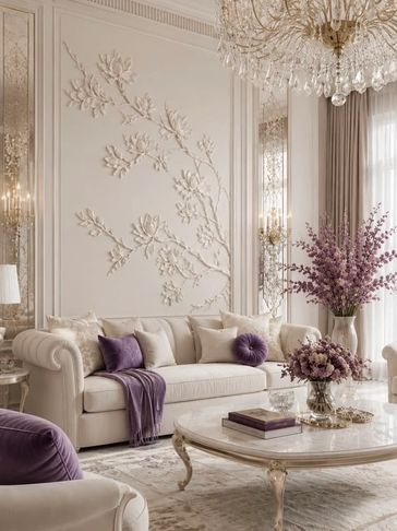 Elegant living room with floral wall art and purple accents.