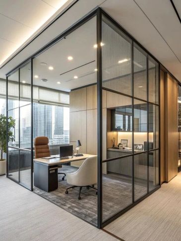 Modern office with glass walls and city view.
