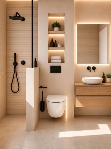 Modern beige bathroom with black fixtures and LED lighting.