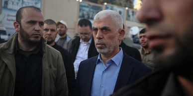 Yahya Sinwar, the leader of Hamas in Gaza, attends a demonstration held to mark Al-Quds (Jerusalem) 