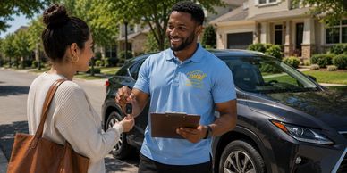 Technician handing car keys to woman outside suburban home.