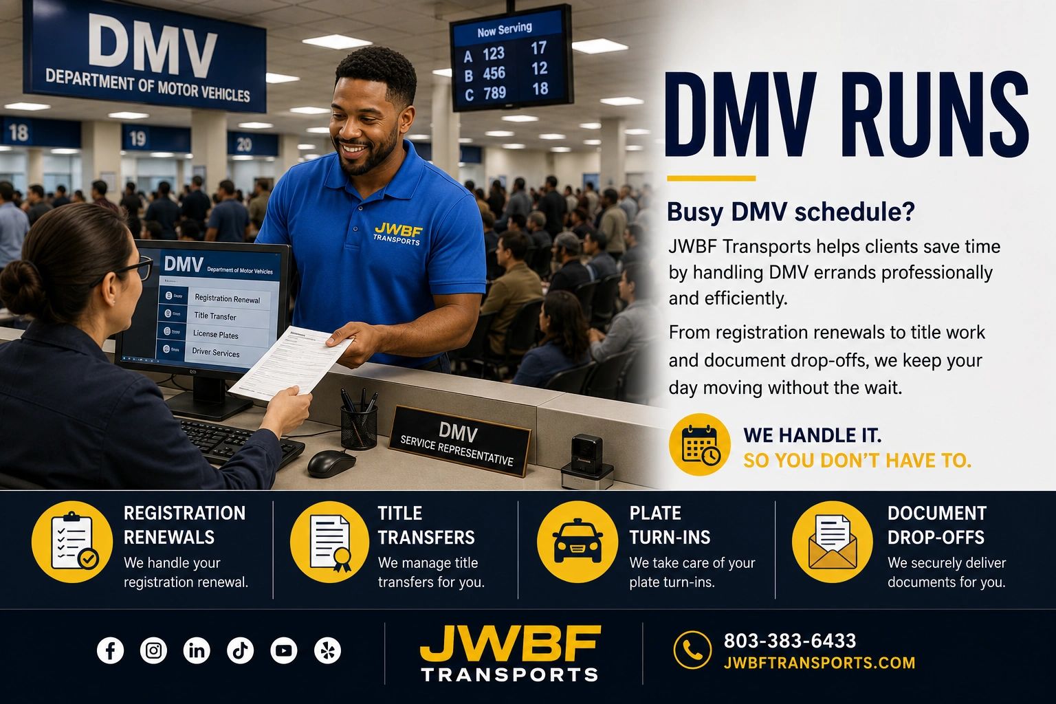 JWBF Transports assists with DMV errands like registration, title transfers, plates, and documents.