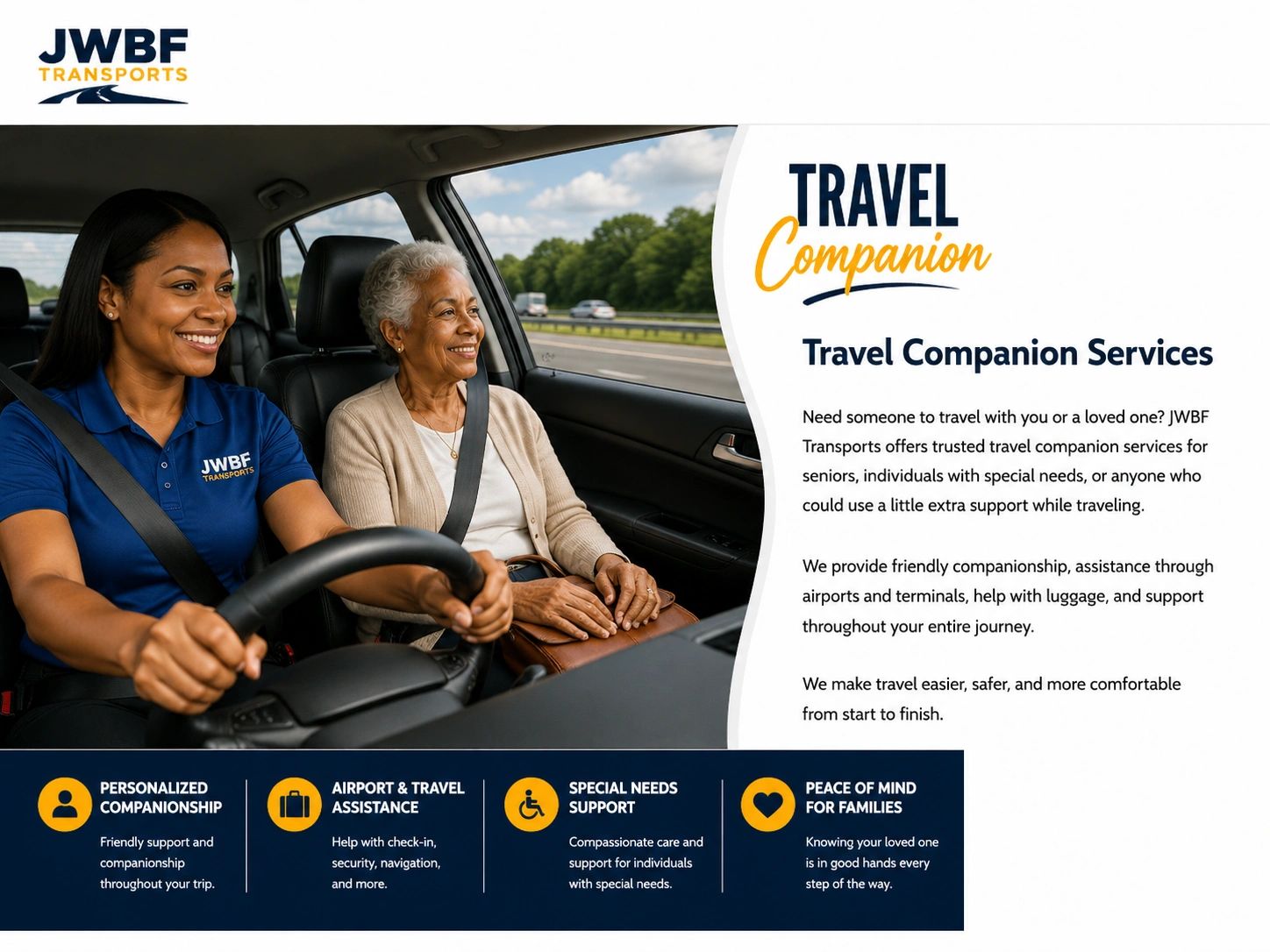 A driver and senior woman enjoy safe travel with JWBF Transport's companion services.