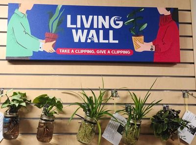 Depew Community Center Living Wall sign states "Take a clipping, give a clipping" with free plants