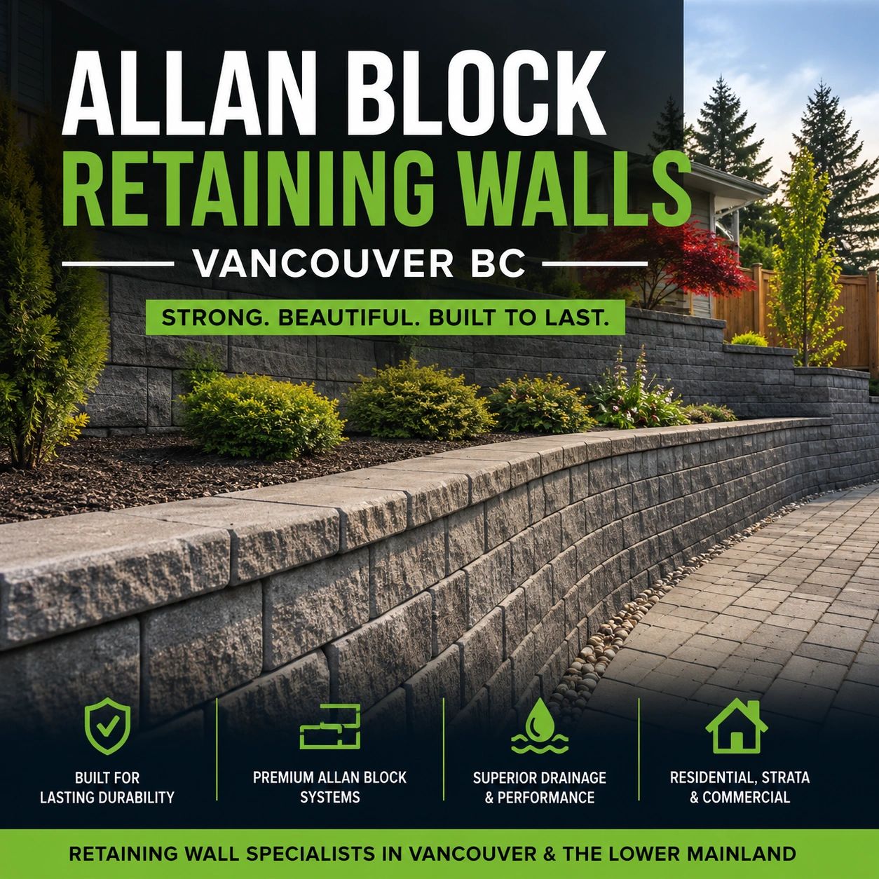 Allan Block retaining wall installation in Vancouver BC featuring premium segmental retaining wall 