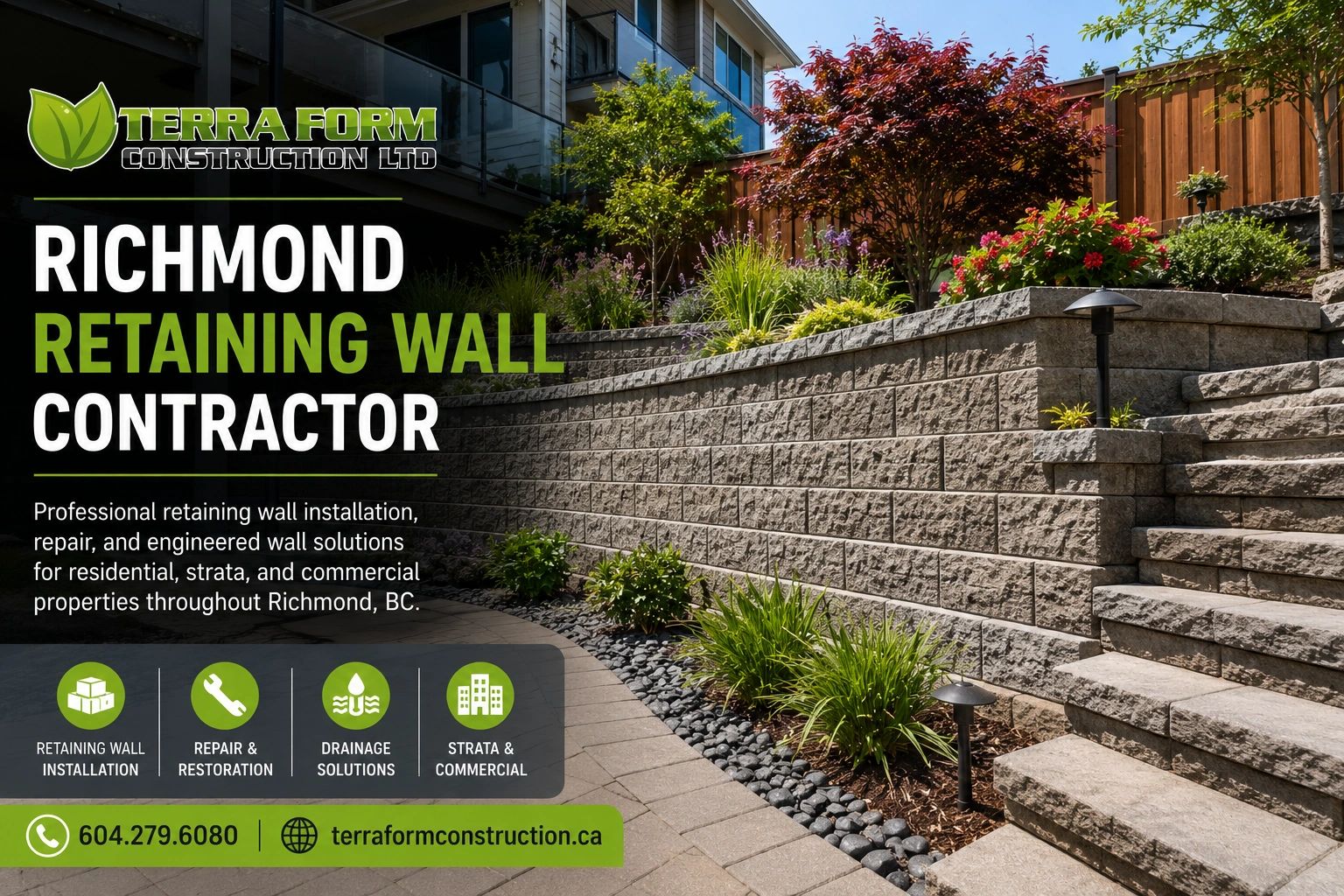 Professional retaining wall contractor in Richmond BC installing Allan Block retaining walls 