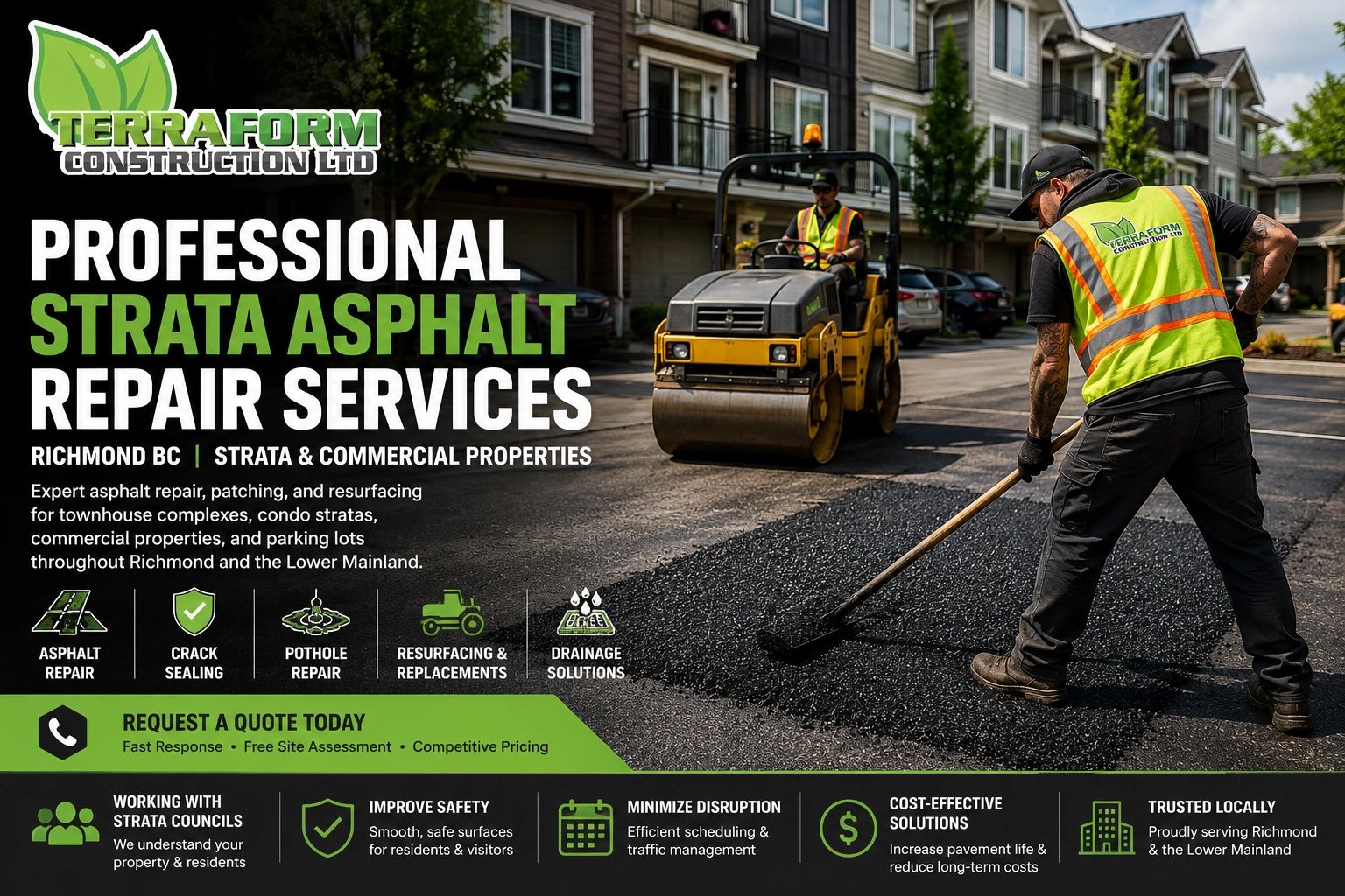 Professional strata asphalt repair and parking lot resurfacing project at a Richmond BC townhouse an