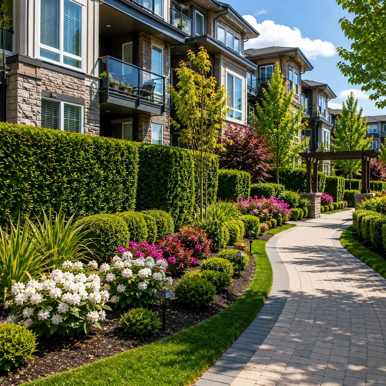 Professional strata landscape maintenance services in Surrey BC featuring landscaped strata building