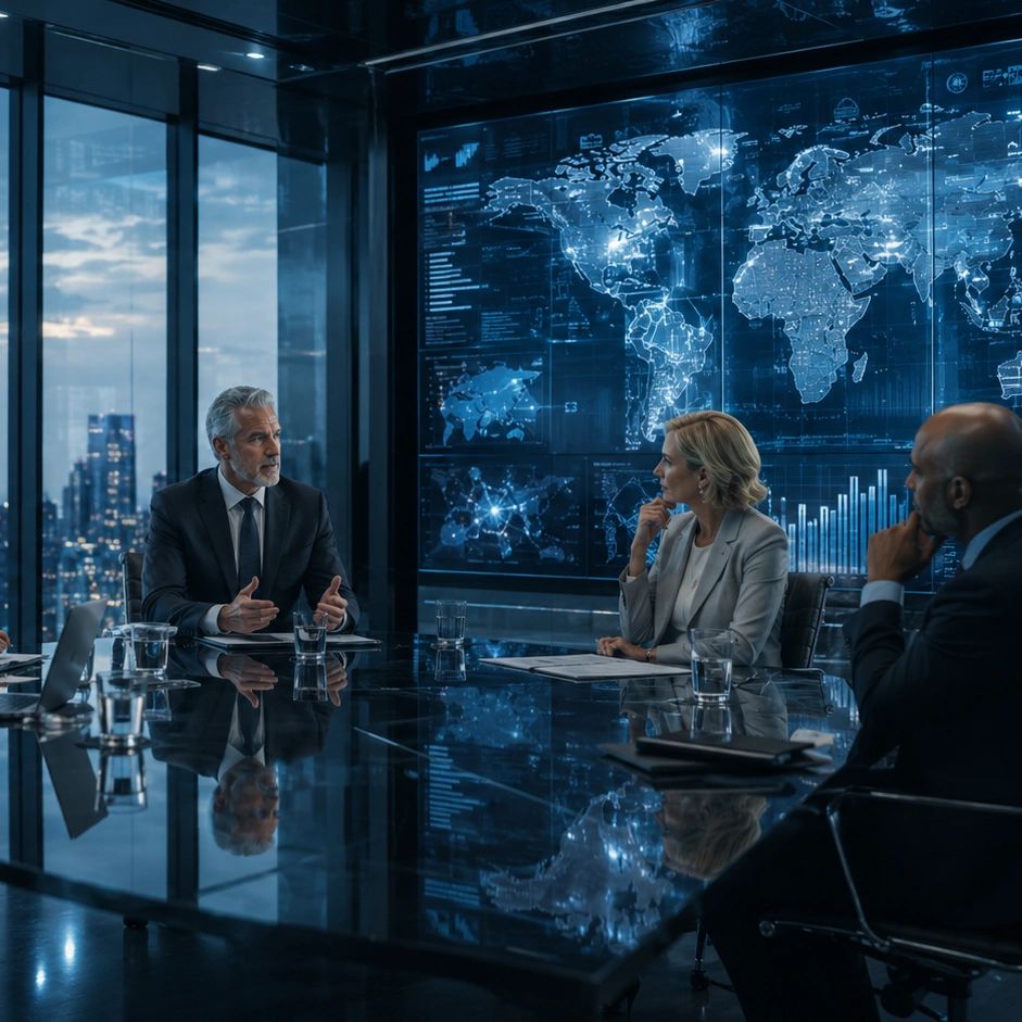 Business professionals discuss global strategy in a high-tech conference room.