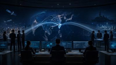 A high-tech command center monitoring global digital connections on a large screen.