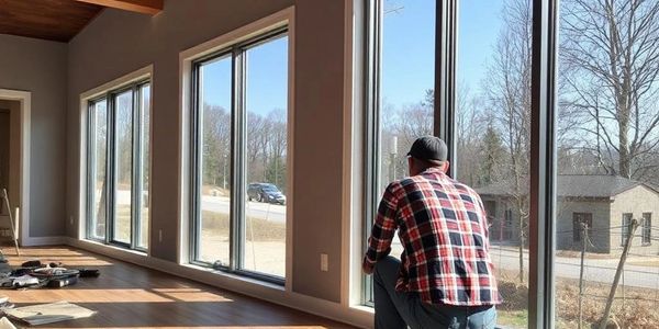 Man kneeling by tall windows in a sunlit room with wooden floor and ceiling beams.
