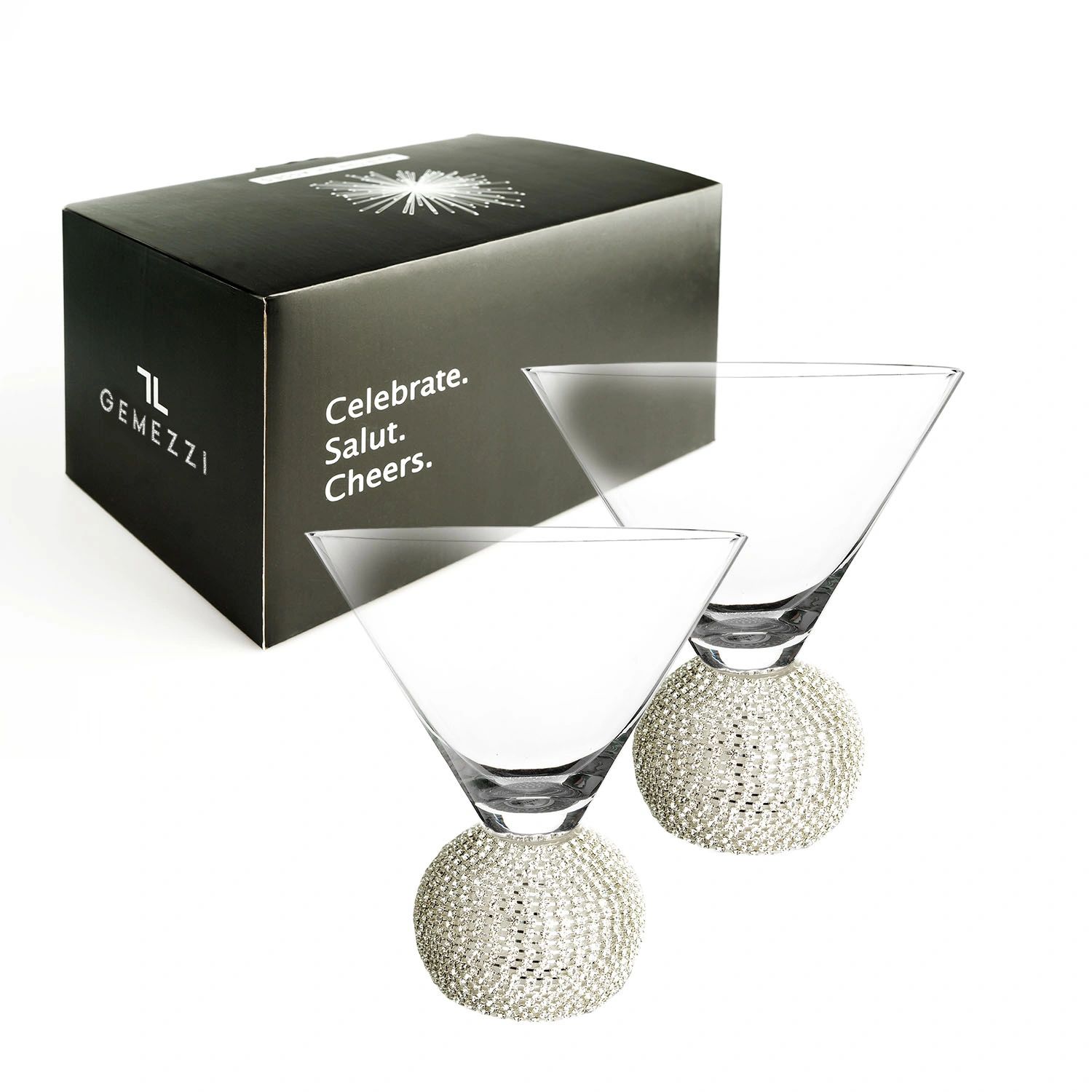 GEMELLO GEMEZZI Stemless Martini Glasses Set of 2, Gold Stemless Cocktail Glass, Crystal Ball Base in Elegant Box, Perfect Bar Accessories for