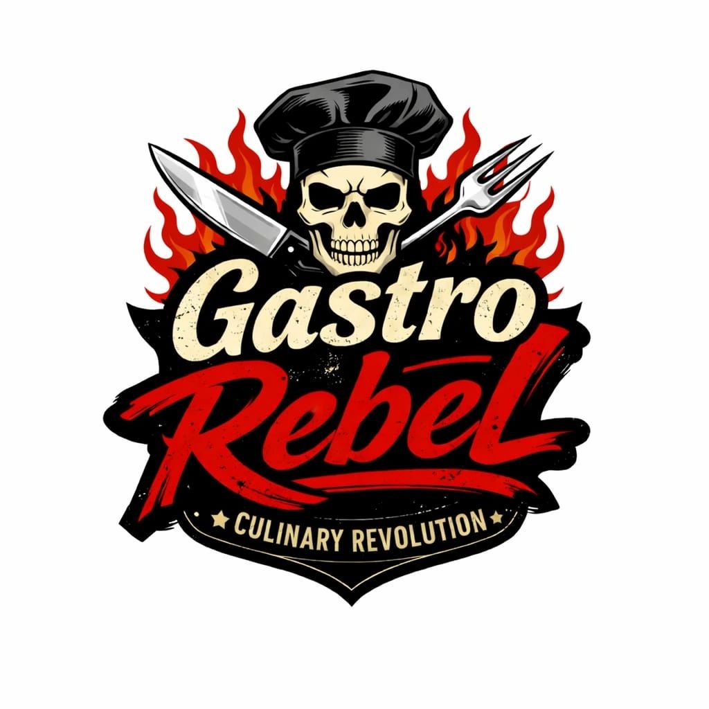 A skull wearing a black chef's hat, a fork and a knife against a background of flames. Pirate style.