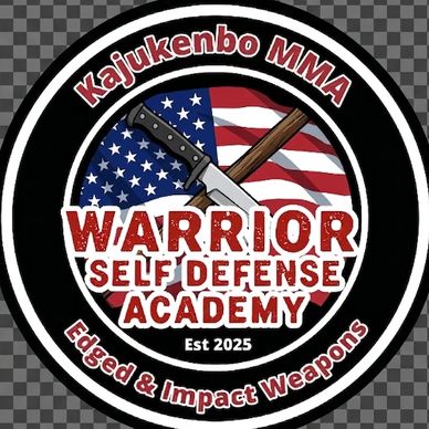 Logo for Kajukenbo MMA Warrior Self Defense Academy with weapons and American flag.