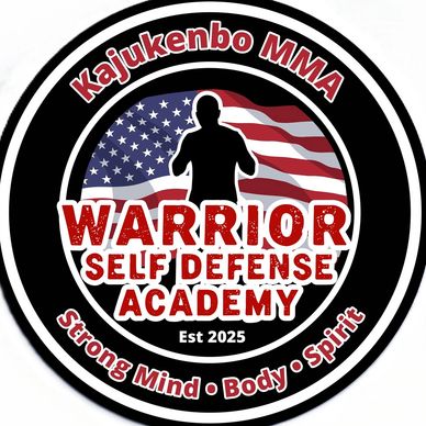 Logo for Kajukenbo MMA Warrior Self Defense Academy with American flag background.