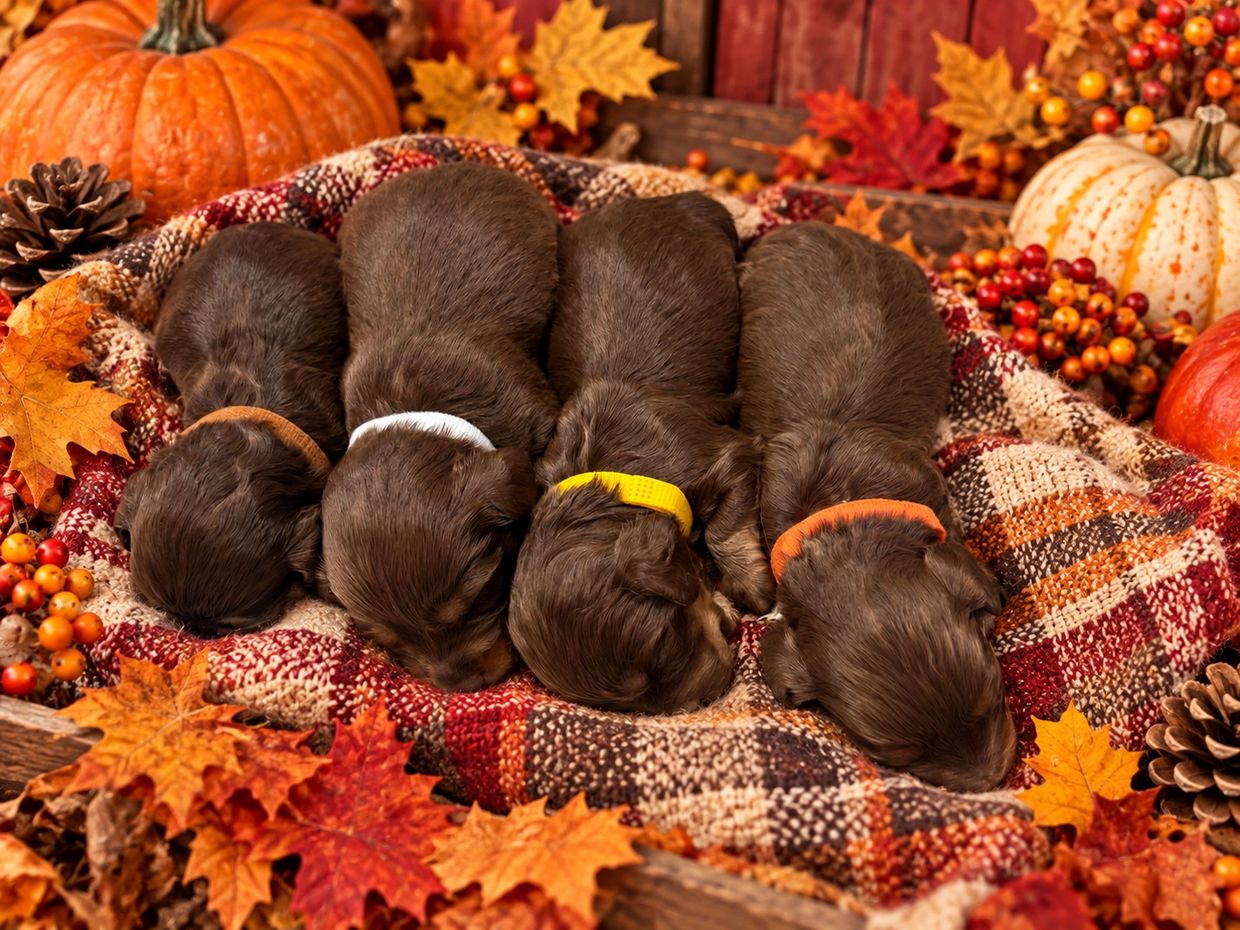 Four sleeping brown puppies with collars on a cozy blanket surrounded by autumn decorations.