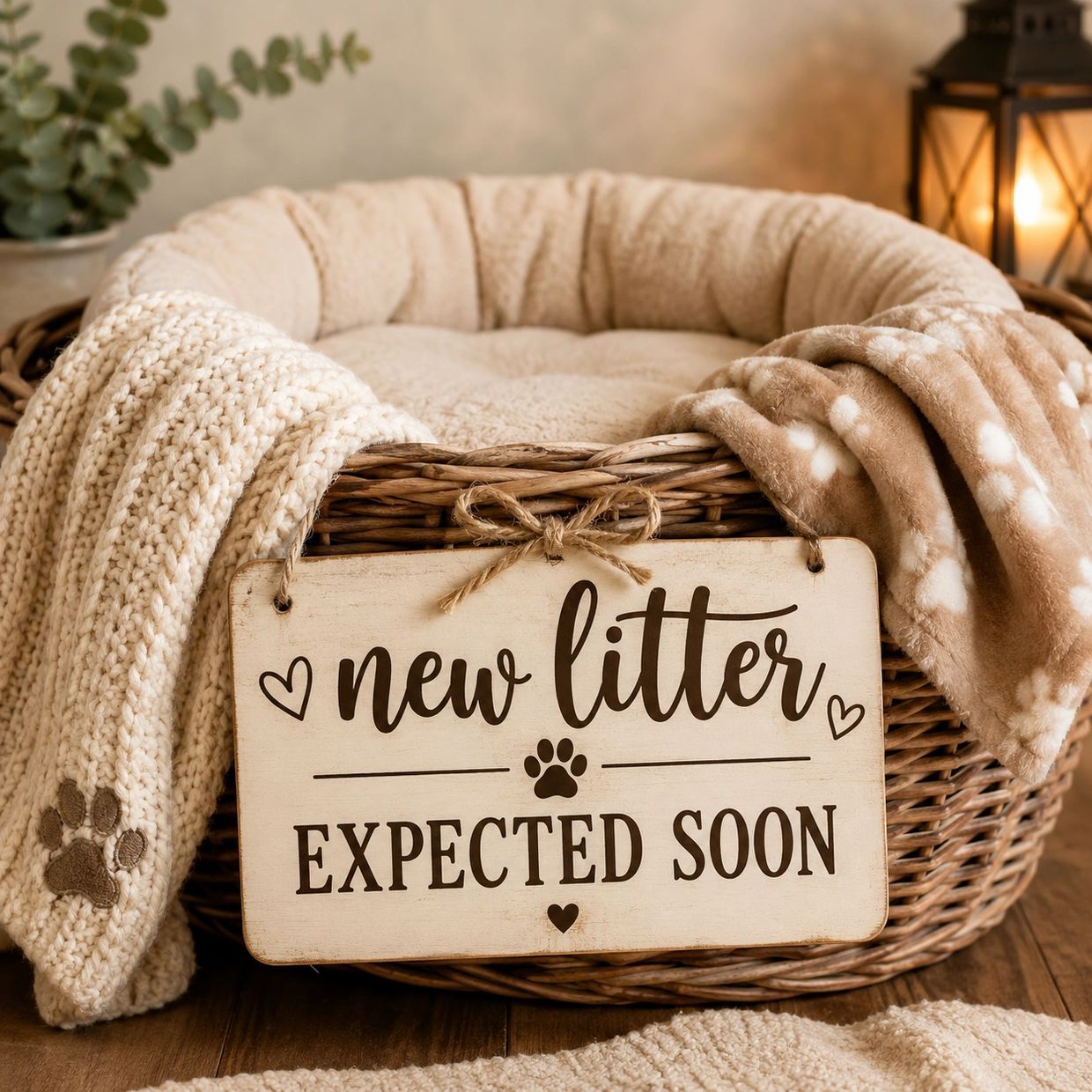 Cozy wicker basket with sign announcing new litter expected soon.