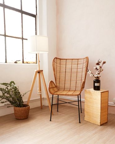 Rattan chair, and muji-inspired studio.