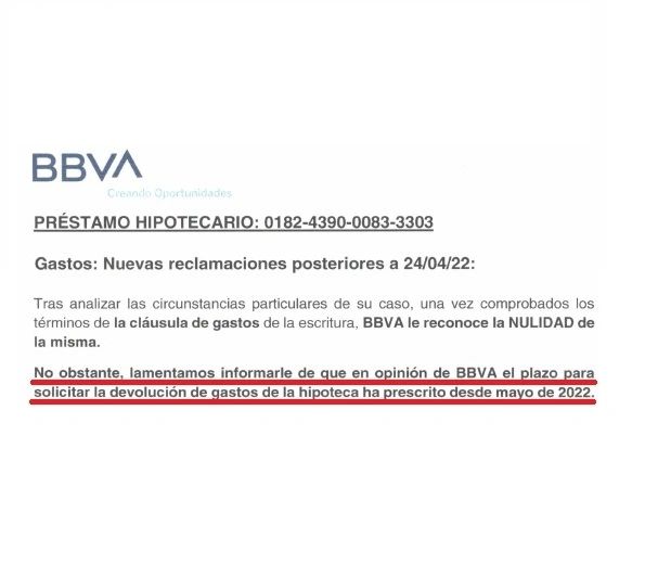 carta contestación gastos hipoteca BBVA