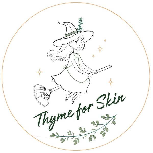 Logo with a witch on a broom and text "Thyme for Skin".
