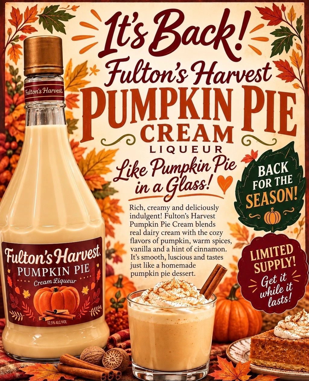 Fulton’s Harvest Pumpkin Pie Cream is back for the Season! Rich , creamy and decadent  Pumpkin, vani