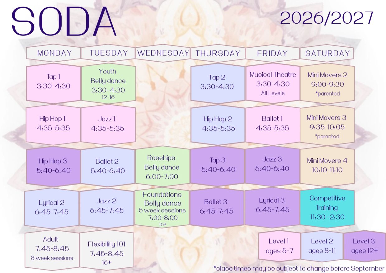 Weekly dance class schedule for 2026/2027 with various styles and levels.