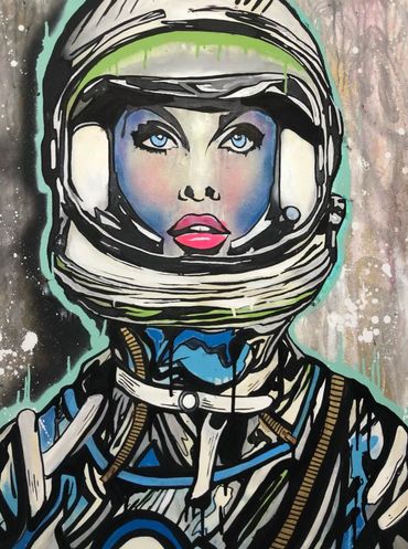 SPACEGIRL 
30”x40” acrylic and spray paint on canvas 2021
MIKERAZ