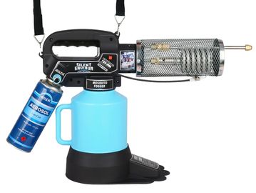 Electric mosquito fogger with blue tank and spray can.