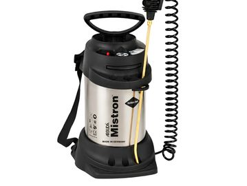 Mistron portable sprayer with strap and nozzle.