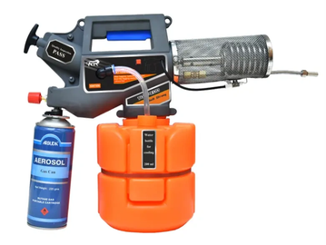 Portable mosquito fogger with aerosol can and water container.