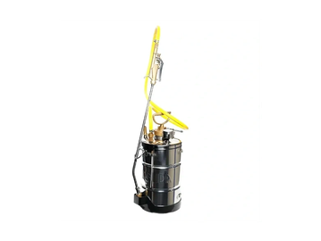 A vintage metal spray can with a yellow handle and nozzle.