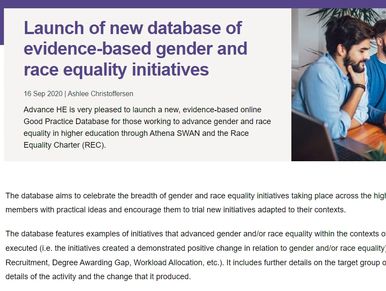 Screenshot of blog post, Launch of new database of evidence-based gender and race equality initiativ