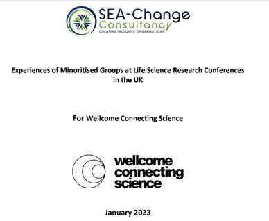 Report cover, Experiences of Racially Minoritised Groups at Life Science Research Conferences in the